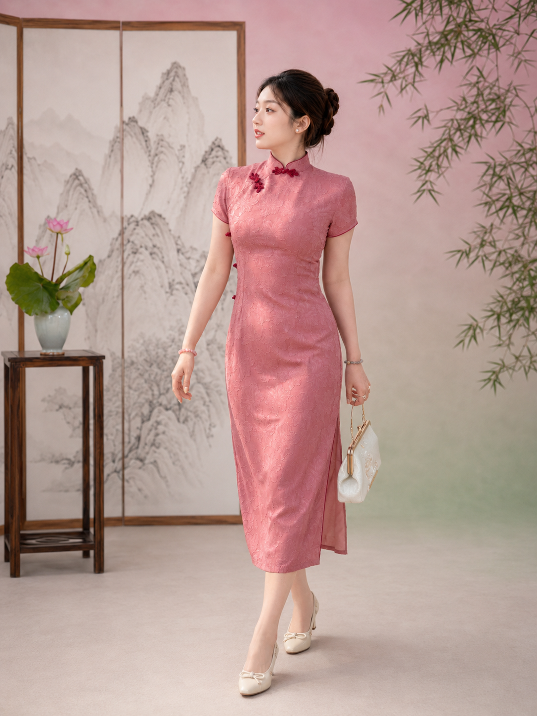  Authentic plus size cheongsam qipao pink short sleeve slim midi dress with red mandarin collar side slit modern elegant for women standing front