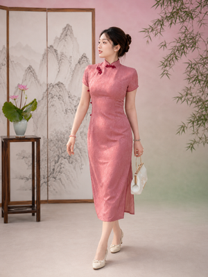  Authentic plus size cheongsam qipao pink short sleeve slim midi dress with red mandarin collar side slit modern elegant for women standing front