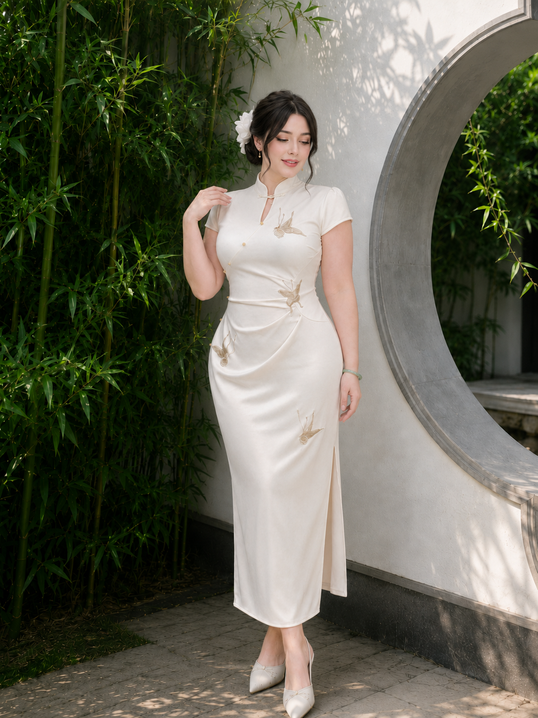 Authentic plus size cheongsam qipao white jacquard short sleeve slim midi dress with mandarin collar side slit elegant garden style for women standing front