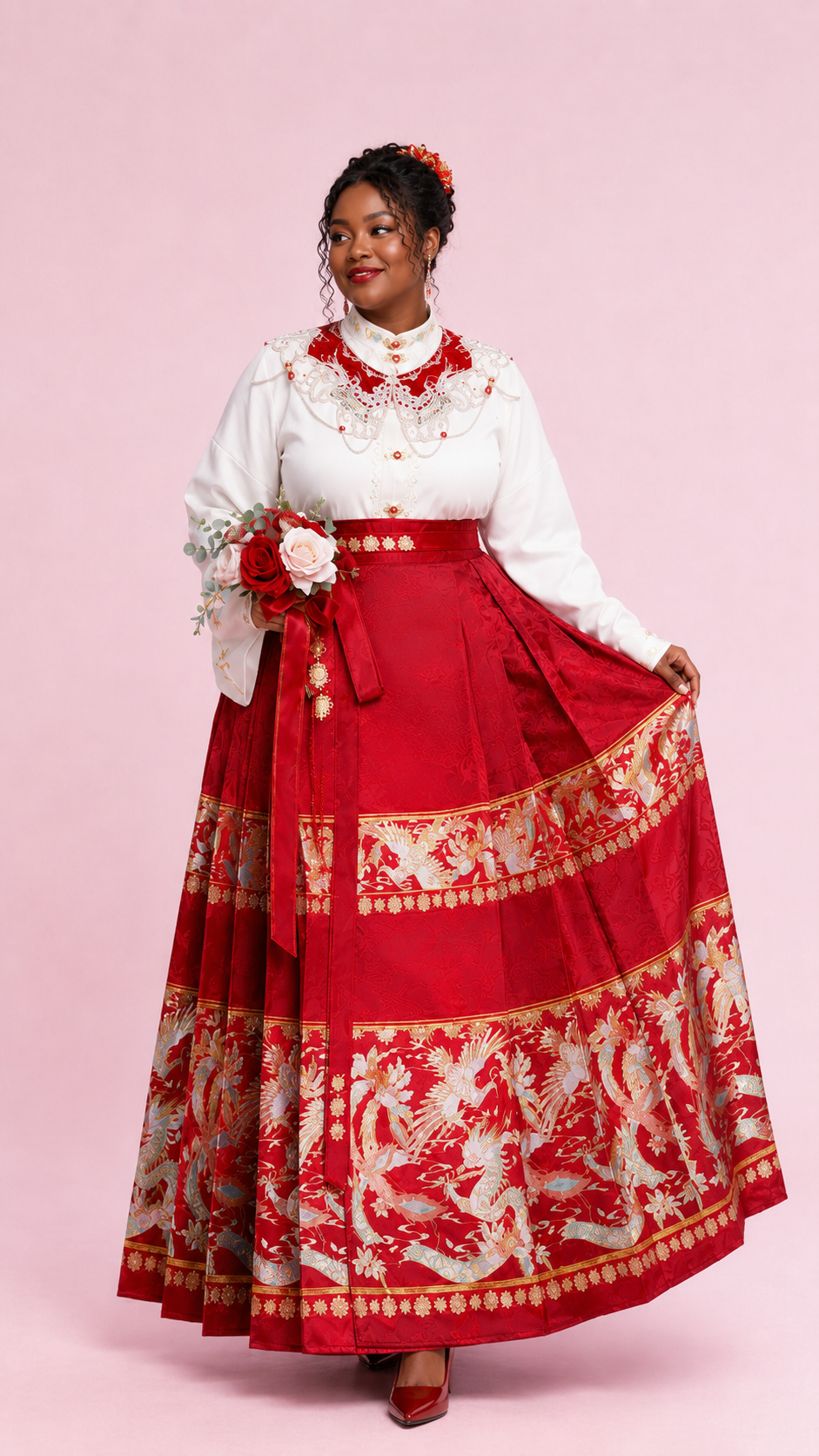Authentic plus size mamian skirt set red gold phoenix embroidered mamian skirt white long sleeve top chinese wedding toast dress for women standing front