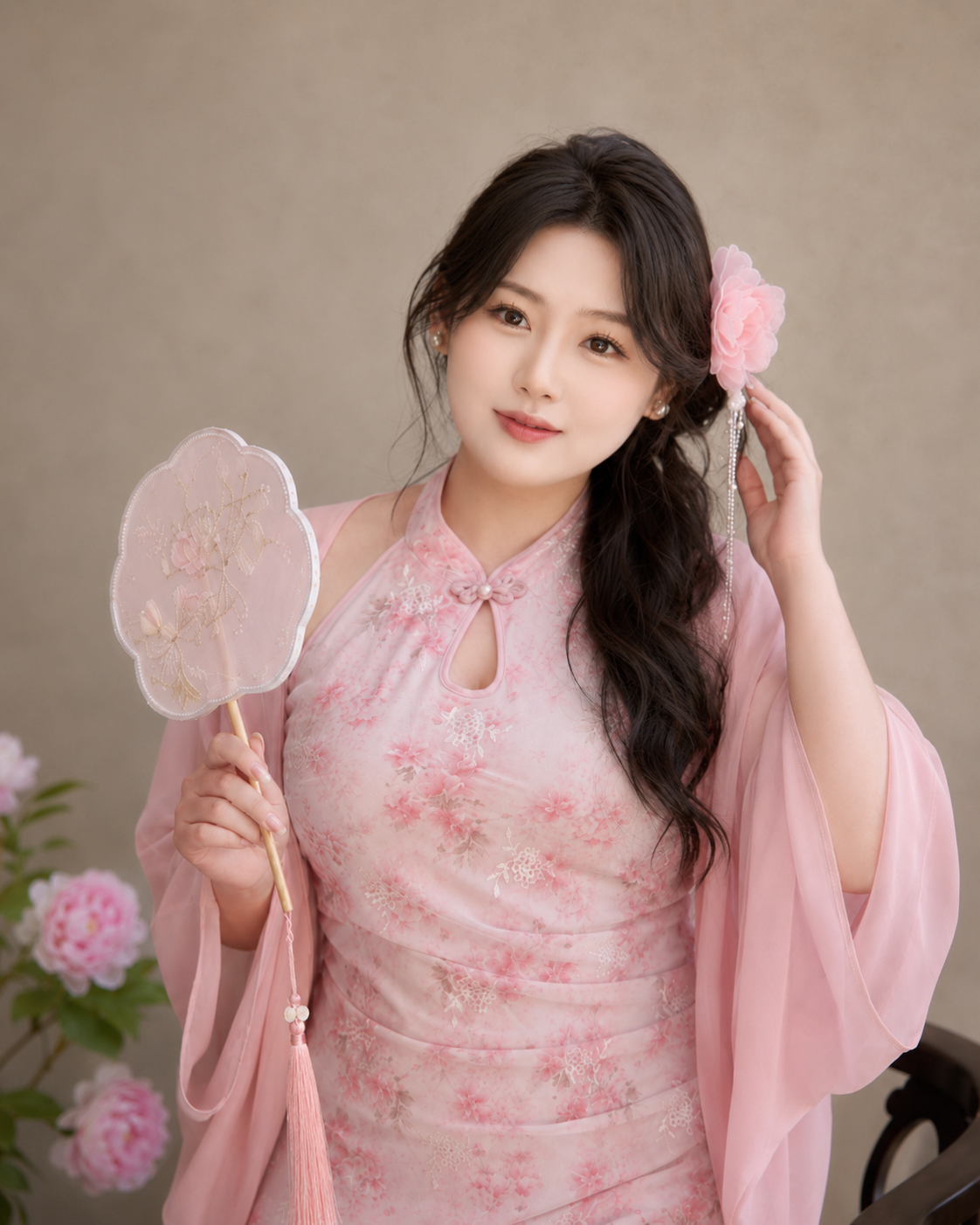 Authentic plus size pink cherry blossom floral cheongsam qipao dress with cape elegant new chinese style summer for curvy women standing front