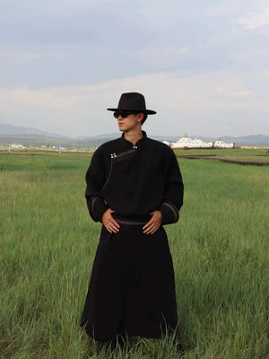 Authentic premium mongolian robe for men hand fastened traditional solid twill design outfit standing front