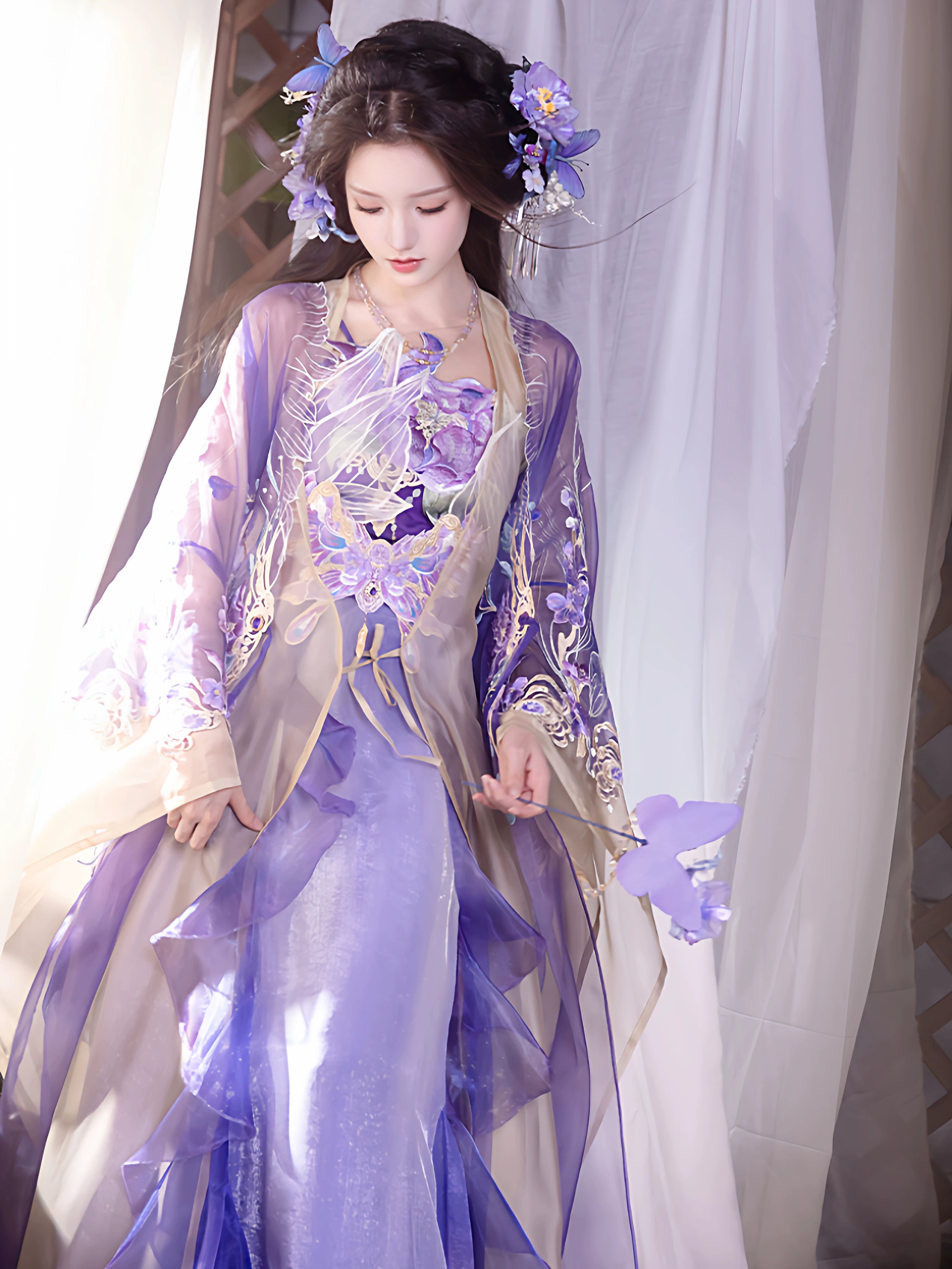 Authentic purple butterfly embroidery hanfu set sheer gradient robe maxi skirt traditional chinese dress for women standing front