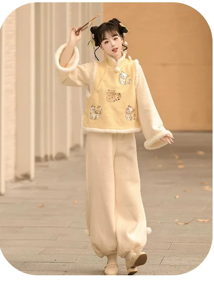 Authentic raccoon embroidered hanfu vest outfit short vest with new chinese style lantern pants and qipao skirt standing front