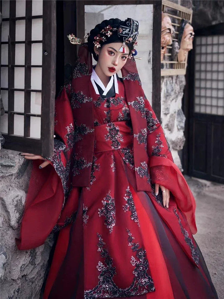 Red Princess Hanbok Wedding Dress Traditional Korean Palace Style B Only (hairpin + bud) / one size fits all Red Princess Hanbok Wedding Dress Traditional Korean Palace Style B Only (hairpin + bud) / one size fits all