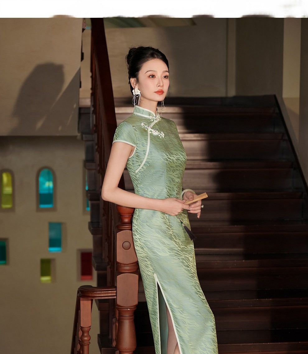 Authentic Silk Cheongsam Qipao | Mint Green Mulberry Silk Short Sleeve Slim Maxi Dress with Lace Collar Side Slit Vintage Elegant for Women

