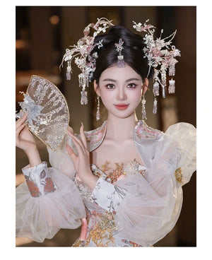 Authentic silver pink chinese bridal hairpin elegant crystal headpiece for hanfu qipao wedding wear standing front