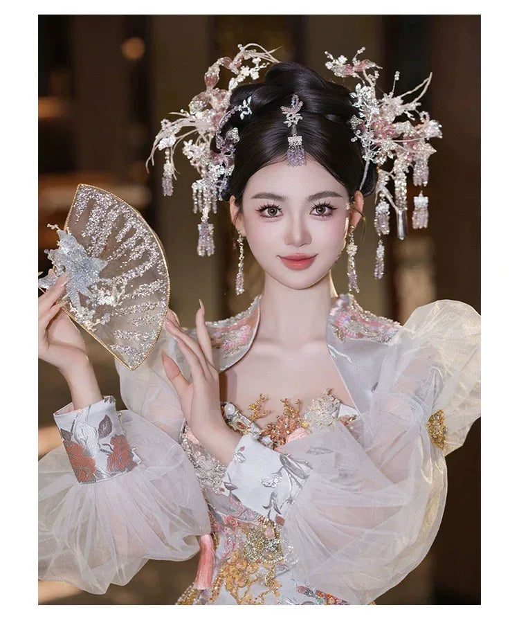 Authentic silver pink chinese bridal hairpin elegant crystal headpiece for hanfu qipao wedding wear standing front