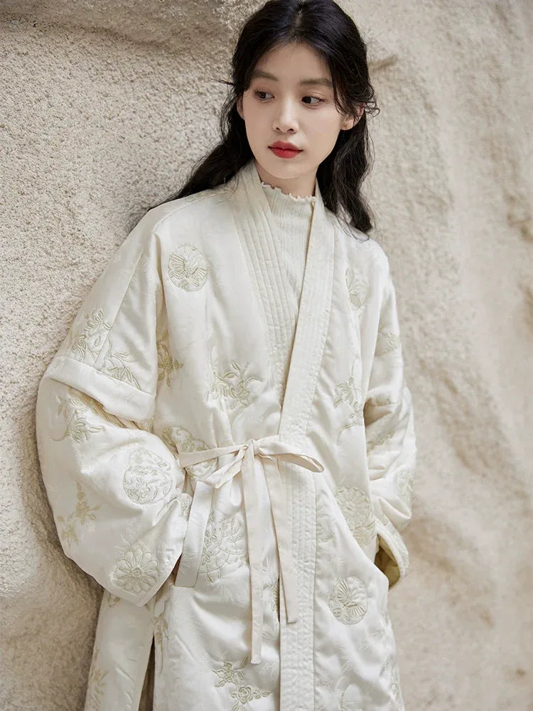 Authentic snowseeker winter hanfu tang inspired long robe and song style pants new chinese outfit for women standing front