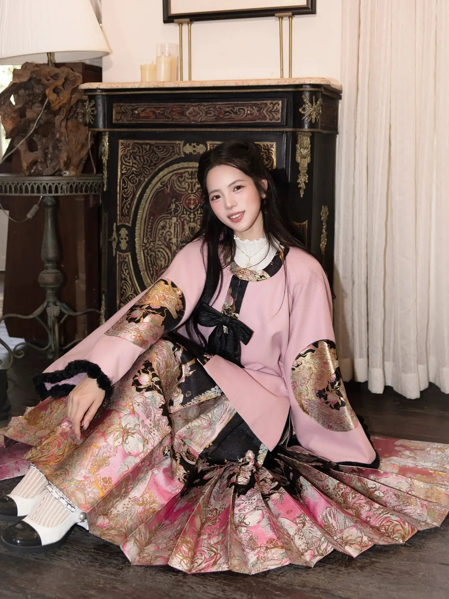 Authentic spring mountain dragon new chinese set brocade ma mian skirt embroidered cape floral gold weave hanfu standing front

