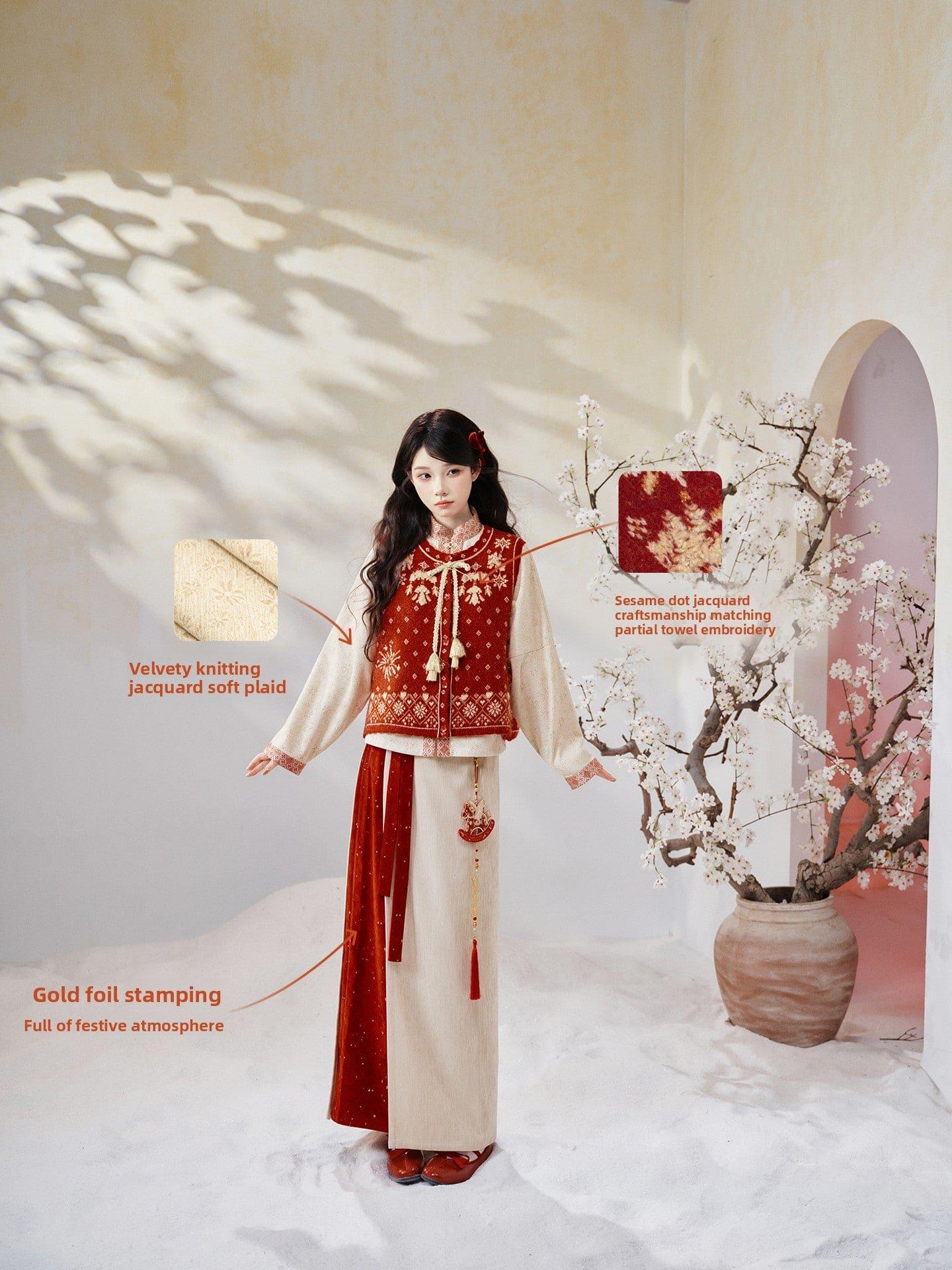 Authentic suian winter knit set bijia vest with bow sleeve top and flowy skirt hanfu inspired standing front

