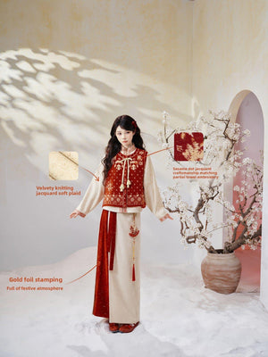 Authentic suian winter knit set bijia vest with bow sleeve top and flowy skirt hanfu inspired standing front

