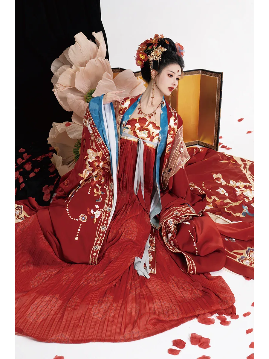 Authentic tang dynasty bridal hanfu set custom embroidered red gown with flowing grand sleeves for wedding ceremony back view