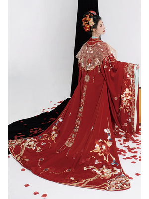 Authentic tang inspired bridal hanfu custom embroidered red wedding gown with flowing grand sleeves fabric and embroidery detail
