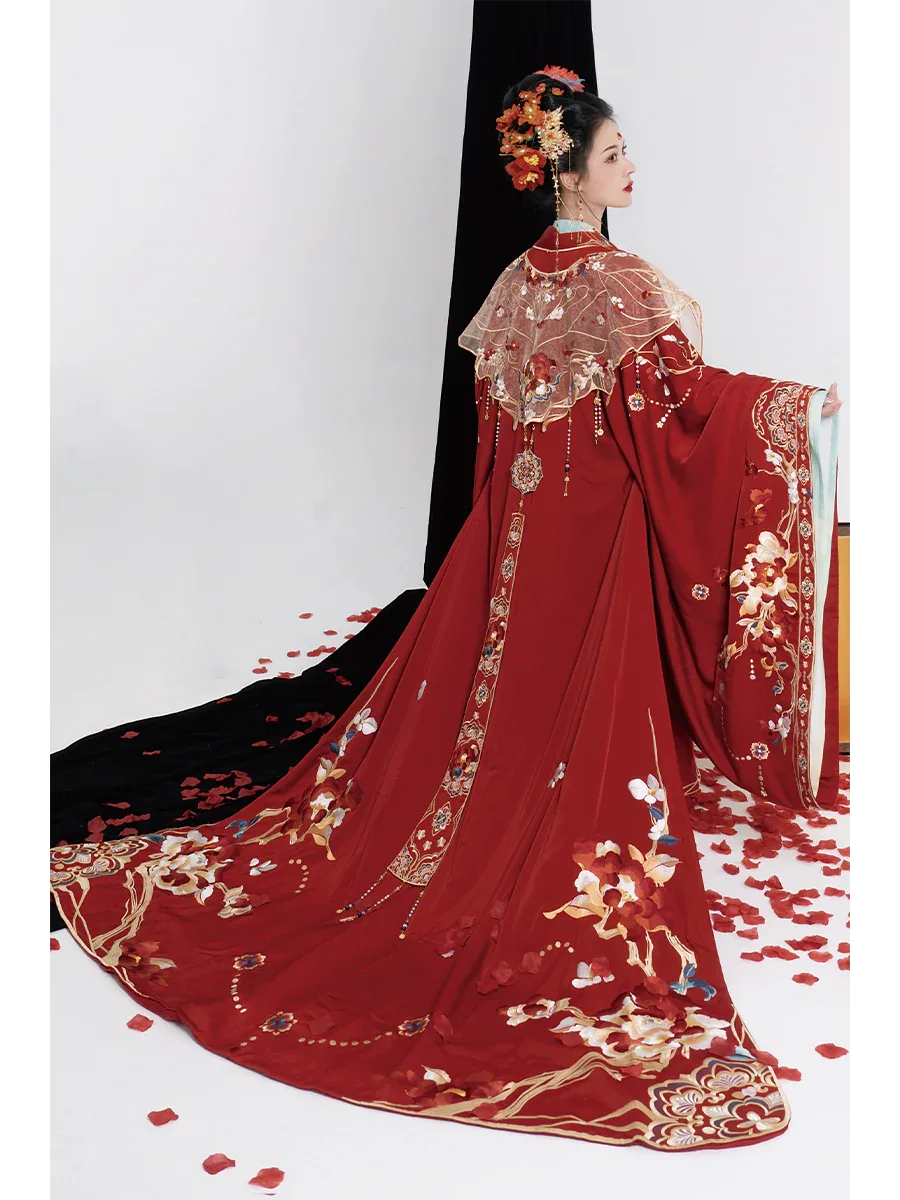 Authentic tang inspired bridal hanfu custom embroidered red wedding gown with flowing grand sleeves fabric and embroidery detail