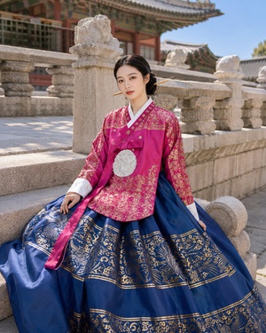 Authentic traditional hanbok rose pink floral jeogori navy blue gold dragon jacquard chima skirt royal court style for women standing front