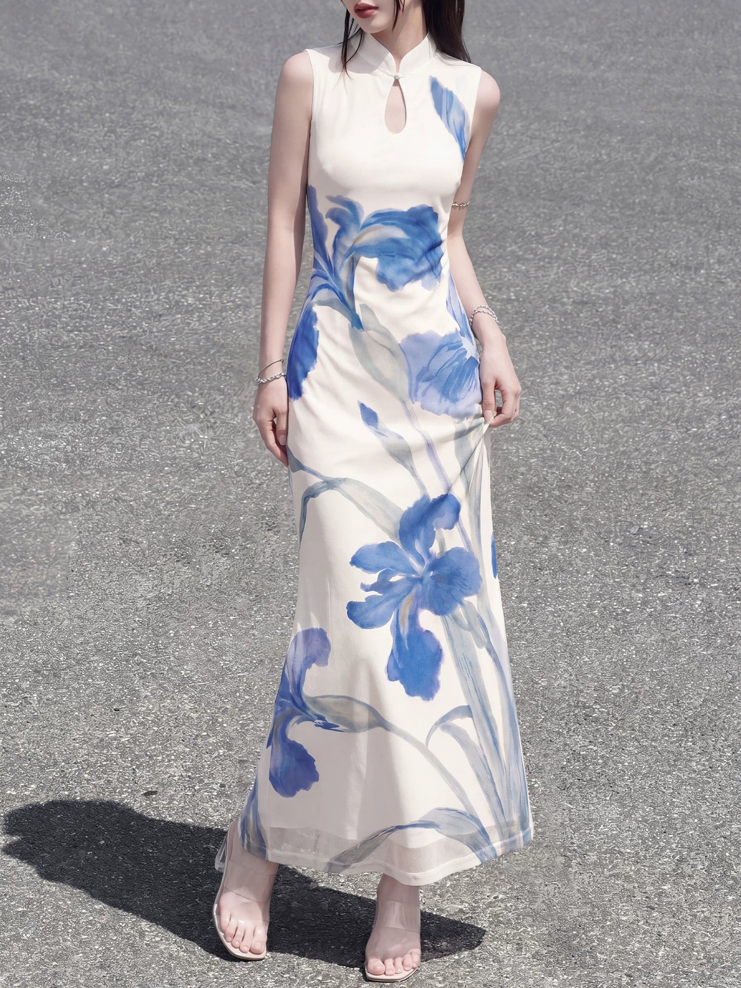 Authentic white iris cheongsam dress sleeveless stand up collar long holiday temperament art skirt for women standing front