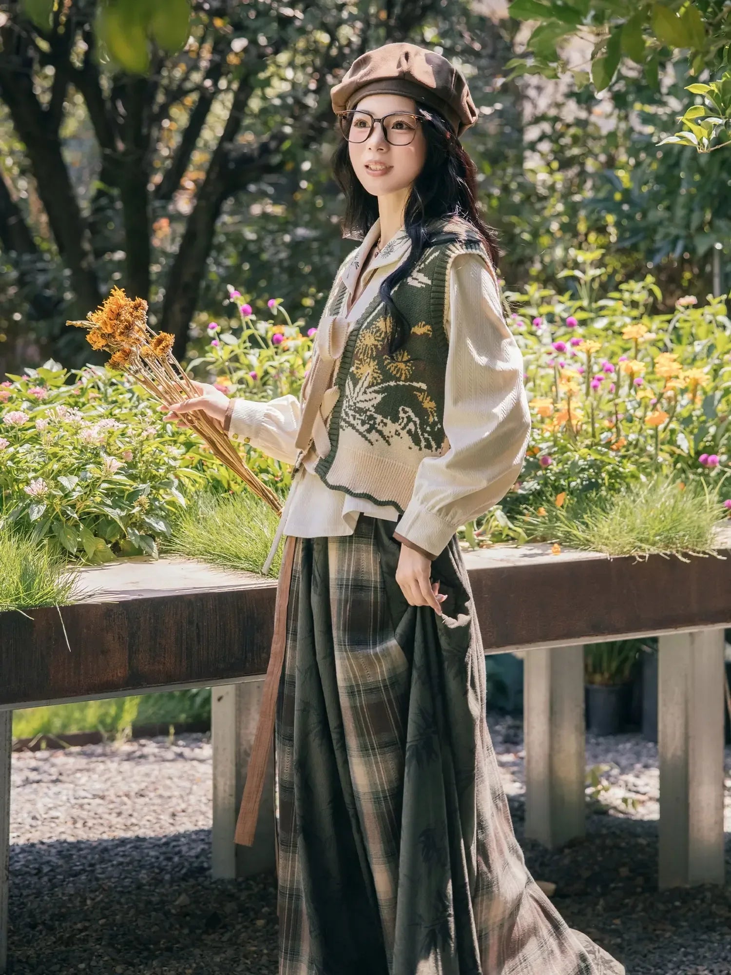 Authentic winter trio new chinese outfit knit bijia and skirt set hanfu inspired for winter layering standing front
