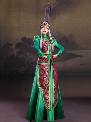 Authentic women mongolian green robe high end ethnic dress vest for dance performance photography catwalk wedding standing front