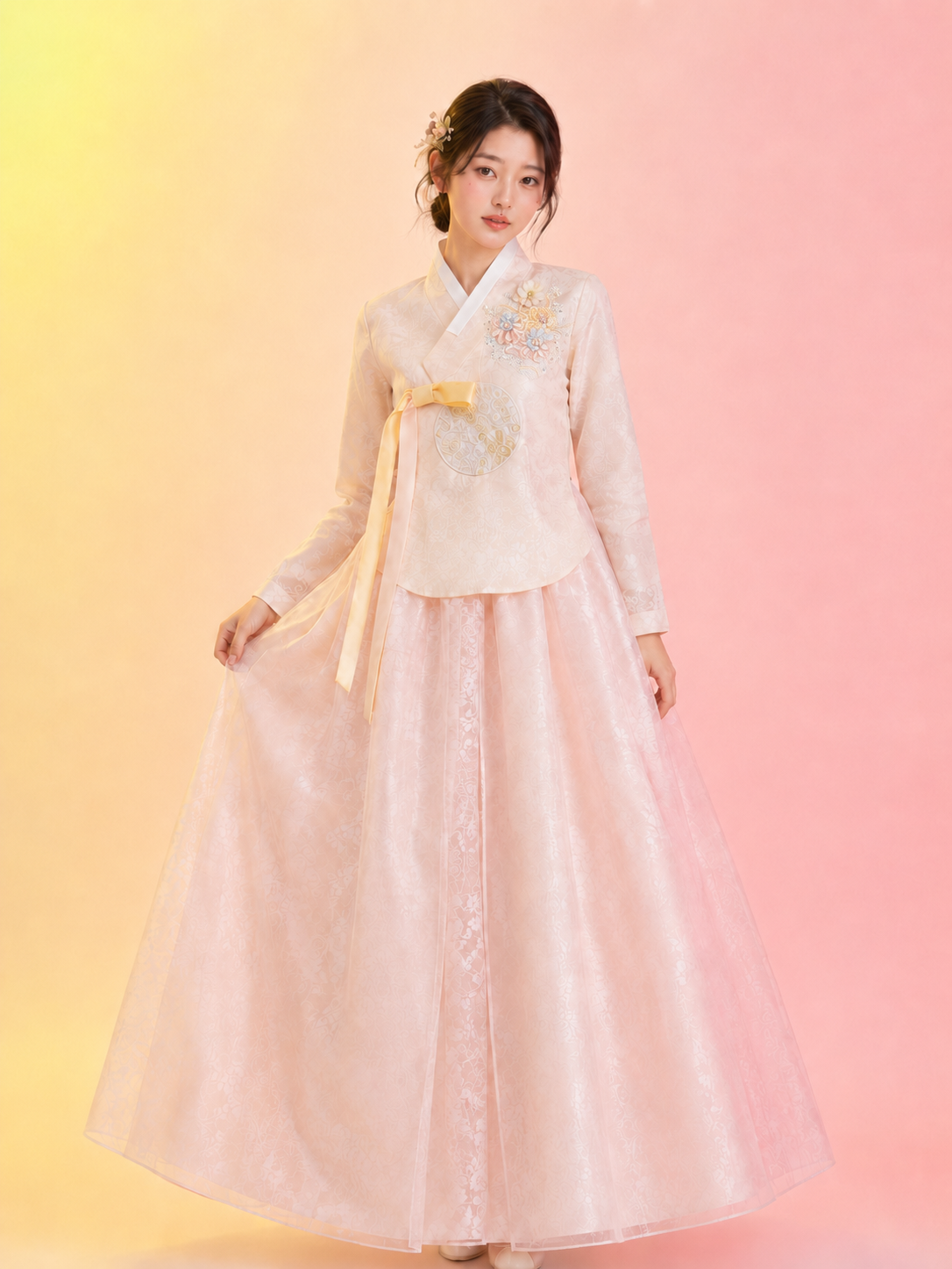 Elegant bridal style women hanbok white long sleeve jeogori and blush pink full chima skirt with yellow bow for bride fabric detail
