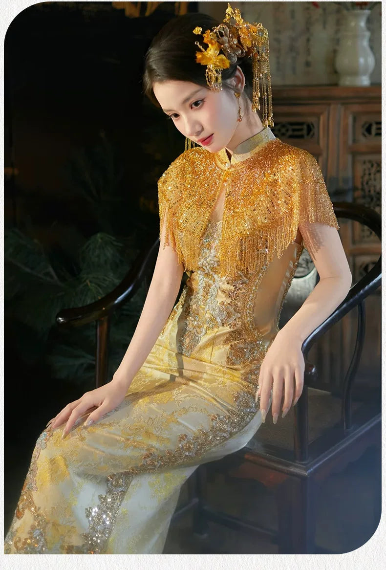 Gold Cheongsam Bridal Gown Toast Clothing Heavy Industry Bride Engagem Yandan_Hanfu Gold Cheongsam Bridal Gown Toast Clothing Heavy Industry Bride Engagem Yandan_Hanfu