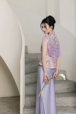 Authentic yanzi new chinese engagement dress purple jacquard vest cheongsam morning gown for women standing front