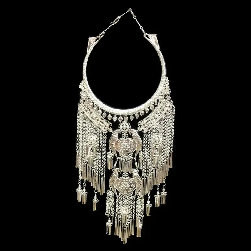 Authentic yunnan ethnic style miao necklace exaggerated large collar silver pendant performance jewelry for women standing front
