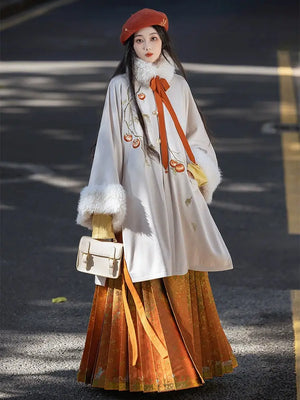 Orange modern hanfu dress for women, inspired by traditional Song Dynasty style and crafted from luxurious silk. This versatile hanfu includes a coordinating coat or jacket, making it ideal for winter wear, Chinese New Year celebrations, or casual outings. Suitable for events such as graduations and cosplay, this hanfu blends classic Chinese elegance with contemporary fashion, perfect for anyone looking for where to buy hanfu or shop authentic hanfu for sale. Available at our online hanfu shop, offering opt