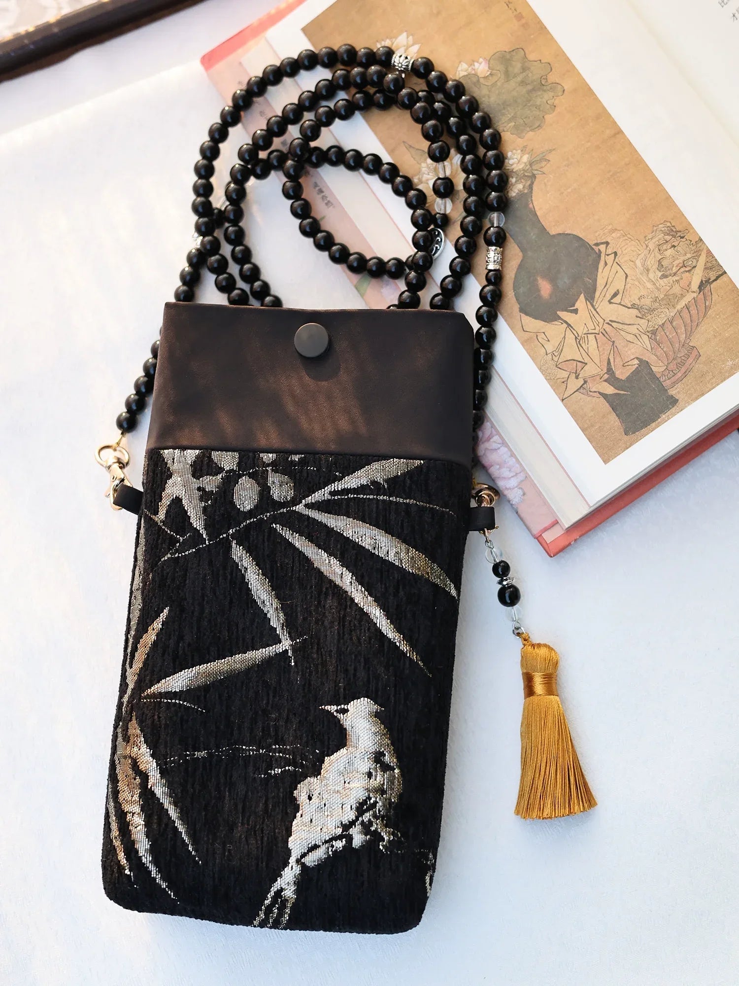Bamboo and bird print vintage inspired bag modern take on classic crossbody for everyday back view