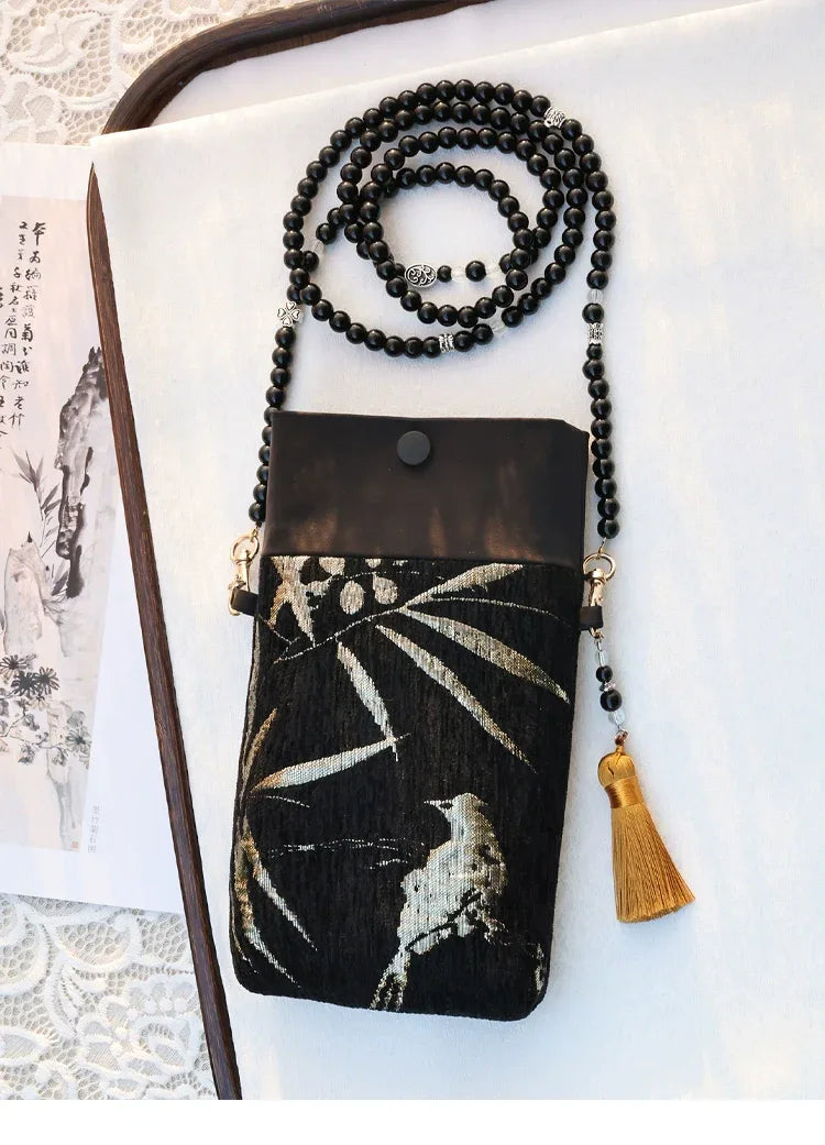 Bamboo and bird artistic motif bag modern take on vintage crossbody for casual outings fabric and pattern detail