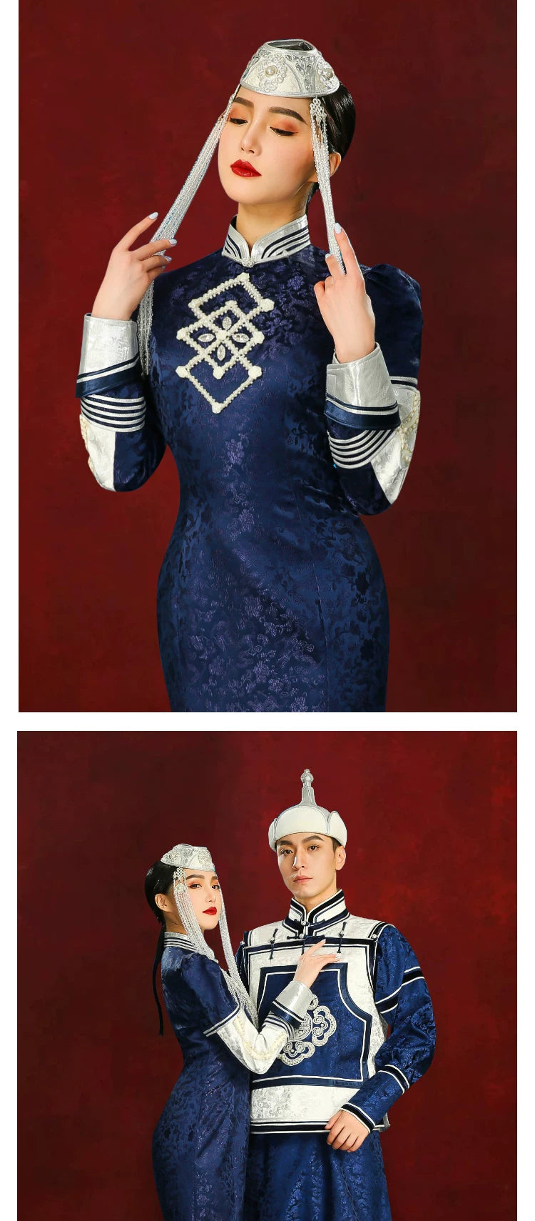 Beautiful navy blue mongolian couple wedding robe bride toast fishtail skirt dress for cultural wedding toast full length view