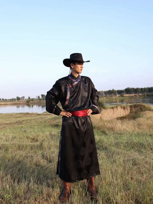 Black modern ethnic robe for men mongolian inspired daily wear for spring autumn season back view