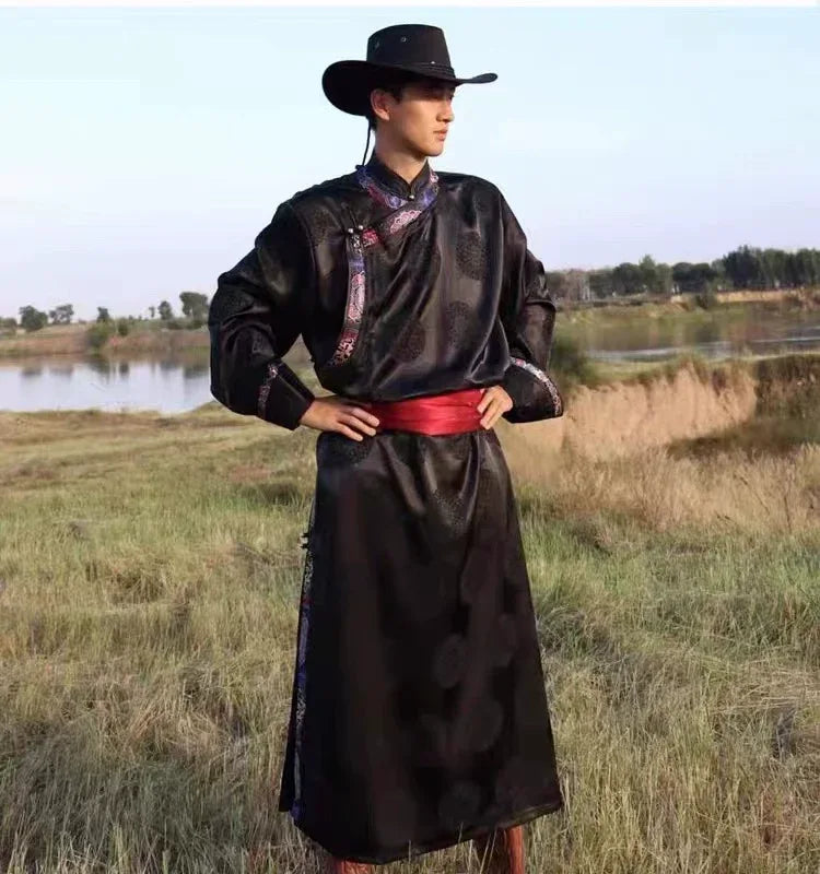 Black mongolian style daily robe for men modern ethnic inspired comfortable wear for men fabric detail