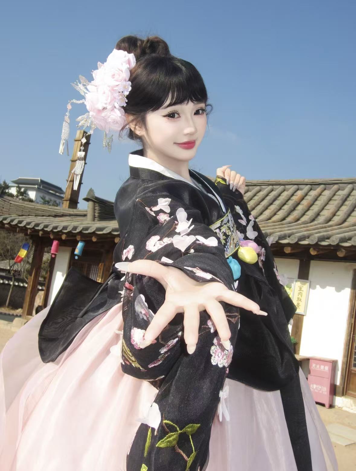 Black and pink korean hanbok traditional floral pattern dress one size