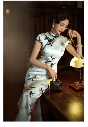 Black plum blossom white silk cheongsam long qipao dress with mandarin collar for women fabric and print detail