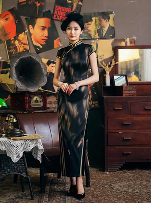 Black sheer lace cheongsam short sleeve midi dress with gold trim and mandarin collar vintage glamour qipao for women back view