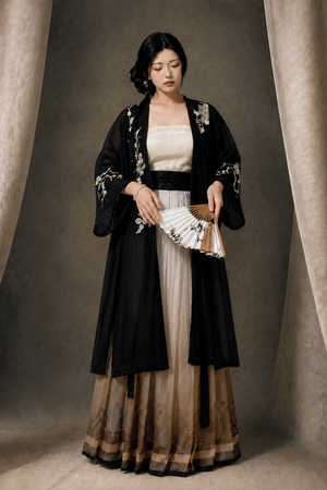 Black white floral modern hanfu embroidered wide sleeve robe white tube top gold trim mamian skirt luxury chinese style set for women back view