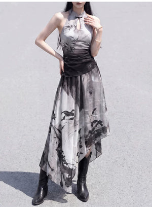 Black and white gradual ink bamboo top cut shoulder and ink smudge asymmetrical skirt versatile new chinese women fabric and ink detail

