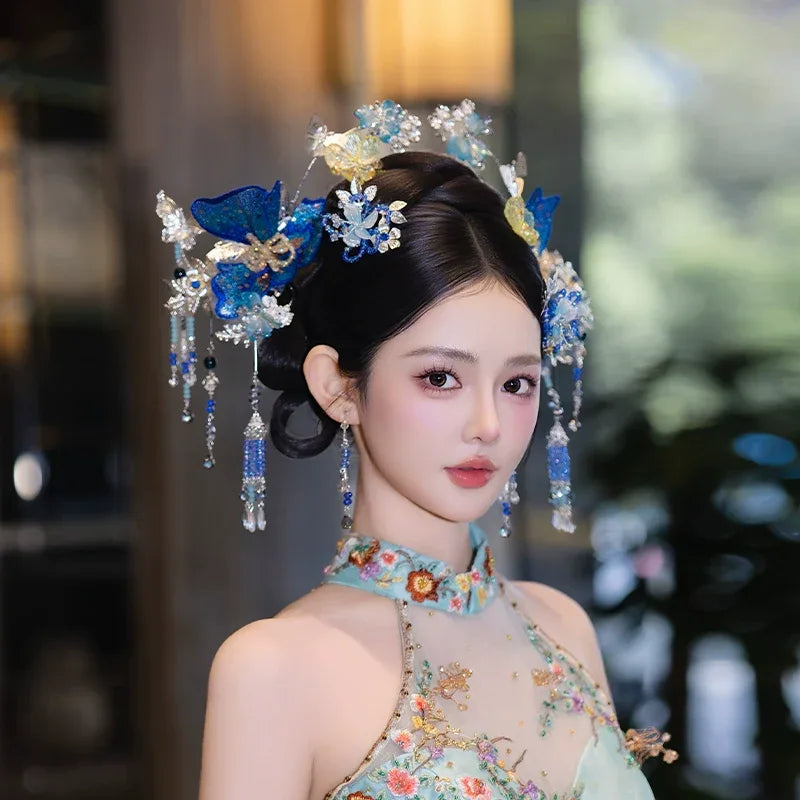Blue floral hairpin set chinese bridal headpiece for hanfu and qipao wedding ceremony back view