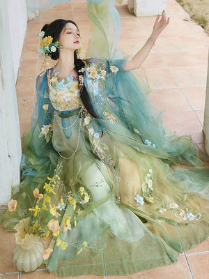 Blue green large sleeve hanfu shirt spring summer embroidery for women back view