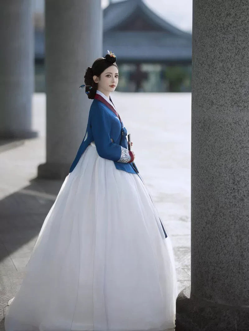 Blue white luxury traditional hanbok korean princess palace dress gown