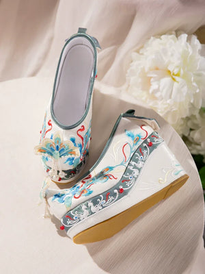 Blue women tang style hanfu shoes embroidered cloud toe flats with 10cm lift for spring and autumn for women back view