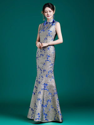 Blue and white porcelain new chinese evening dress catwalk performance cheongsam with cape and fishtail skirt fabric and porcelain detail