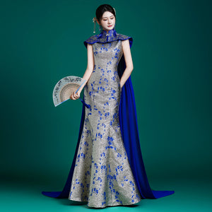 Blue and white porcelain performance cheongsam new chinese evening dress cape and long fishtail skirt for host back view