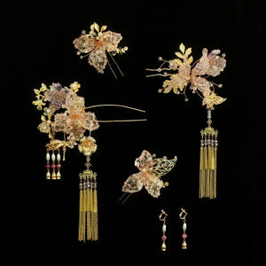 Blush pink floral bridal hairpin set handmade chinese headpiece for hanfu and qipao wedding look flower and pearl detail
