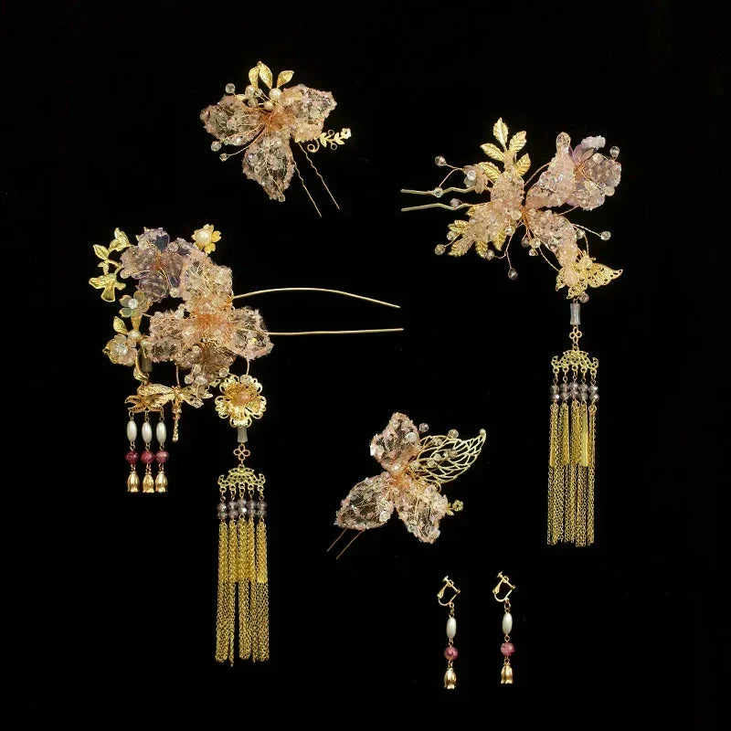 Blush pink floral bridal hairpin set handmade chinese headpiece for hanfu and qipao wedding look flower and pearl detail