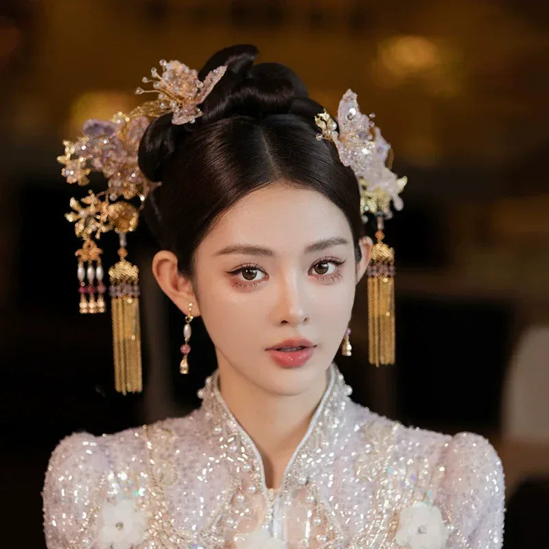 Blush pink handmade floral hairpin set chinese bridal headpiece for hanfu and qipao wedding look back view