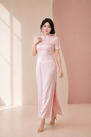 Blush pink puff sleeve plus size cheongsam mandarin collar midi dress modern new chinese style for curvy women back view