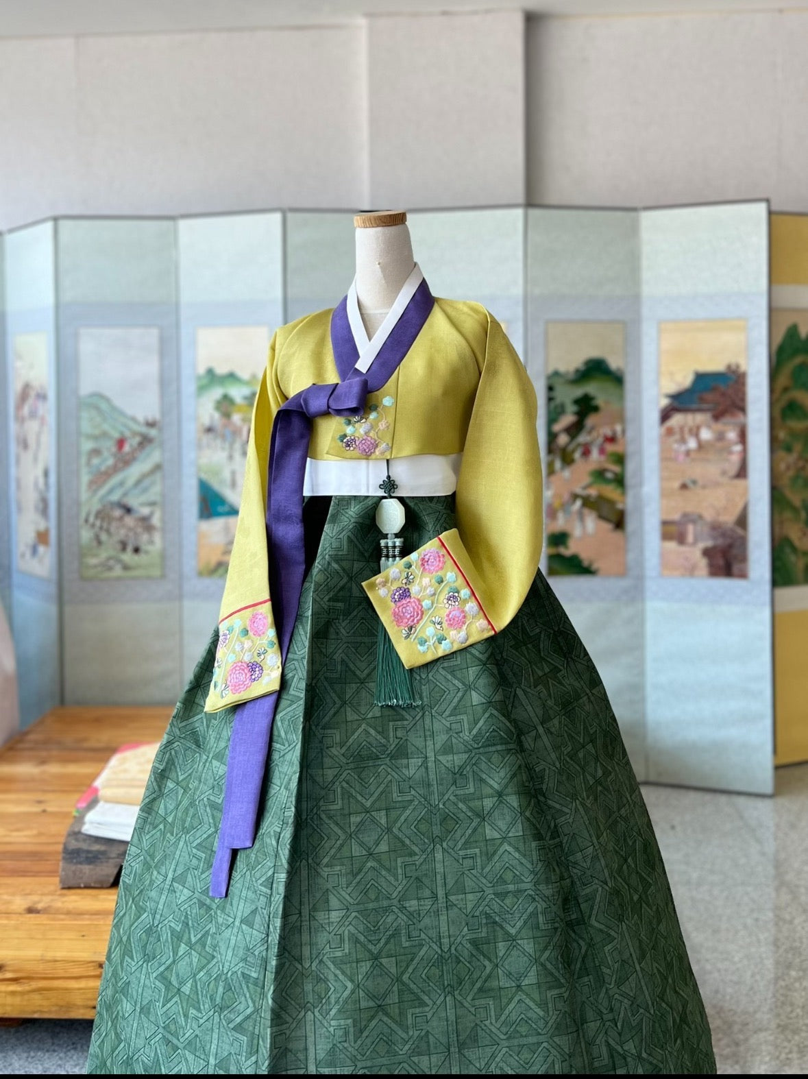 Yellow and green embroidered hanbok timeless korean traditional dress with hand embroidery