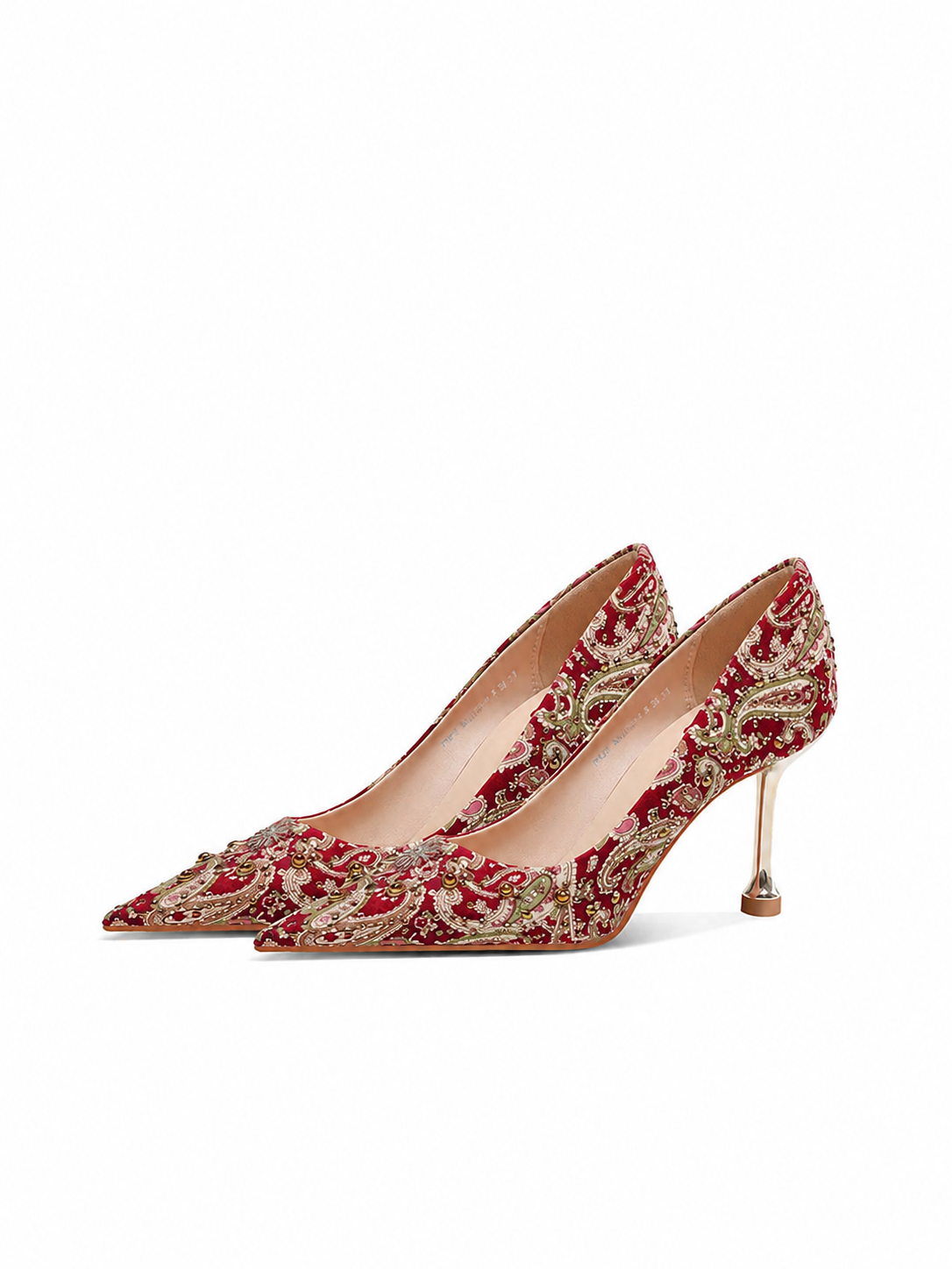 Bridal chinese wedding heels red brocade floral embroidered pointed toe stiletto pumps with pearl charm for cheongsam qipao bride embroidery and pearl detail